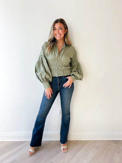 Corinne Smocked Button-Up L/Slv