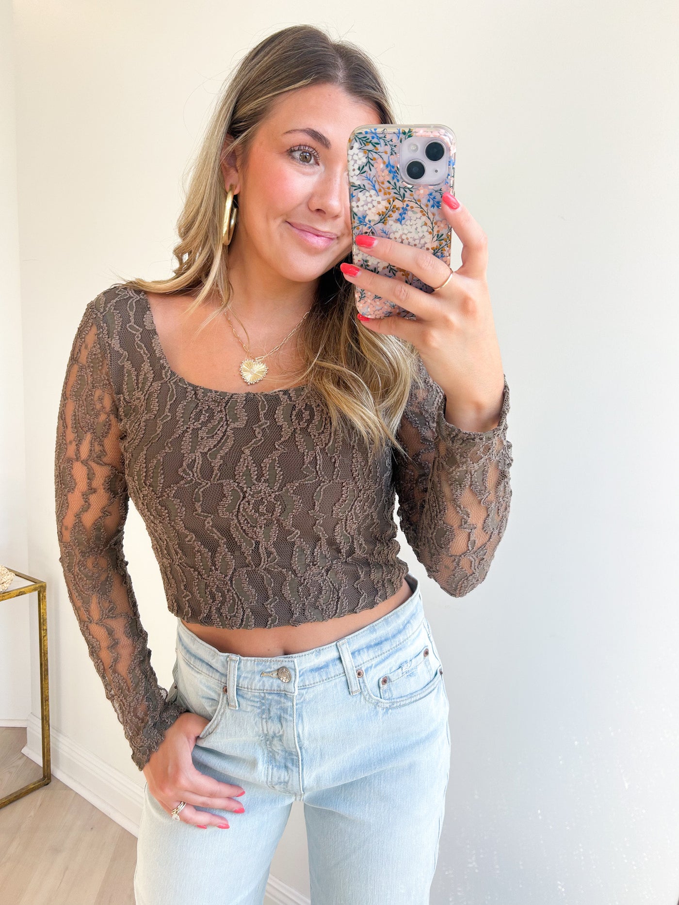 Low Lights Lace L/Slv Crop Top Olive
