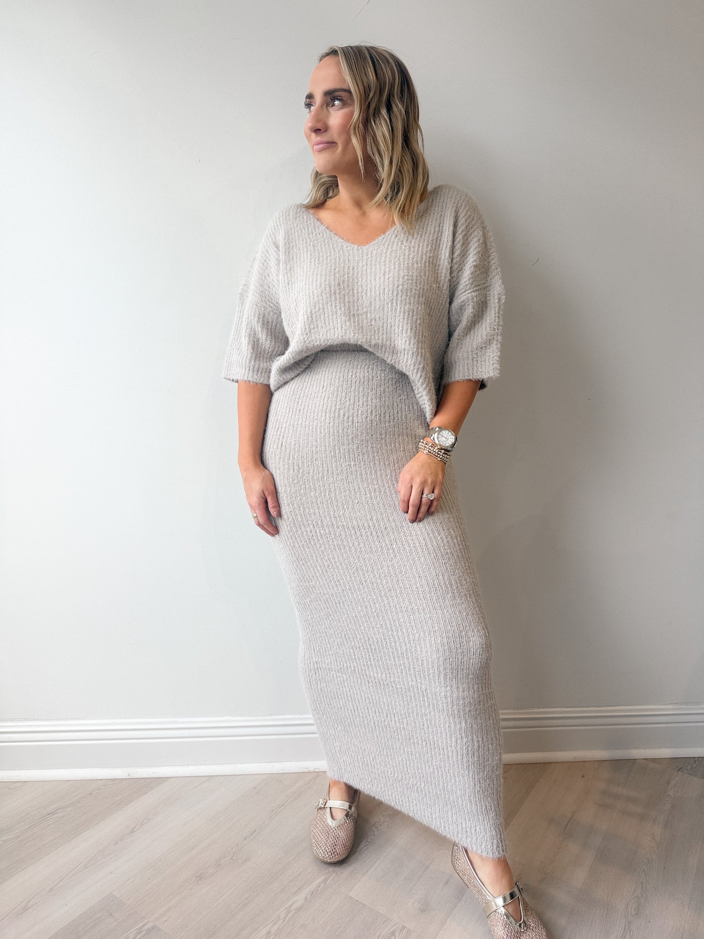 June Fuzzy Top & Skirt Set Stone