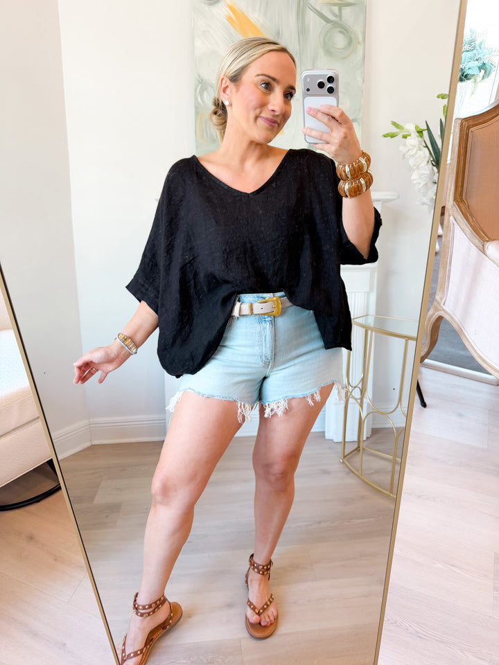 VNeck Linen Dolman Sleeve Crop Top BLACK
