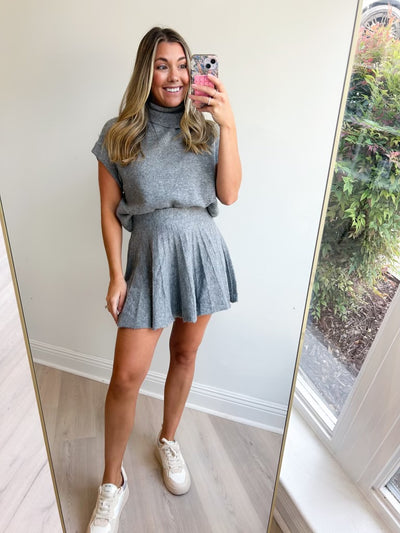Eva Turtleneck Top And Pleated Skirt Set Heather Gray