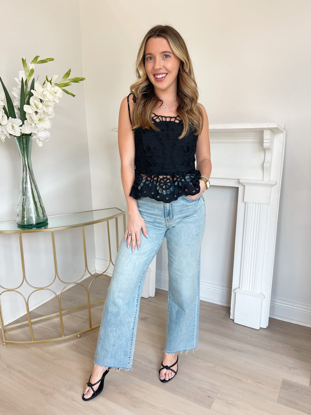 Mabel Embroidered Eyelet Peplum Top