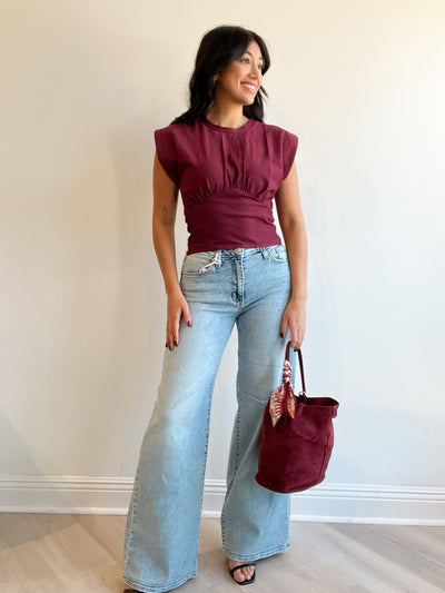 Hanna Ruched Gathered Knit Top Burgundy