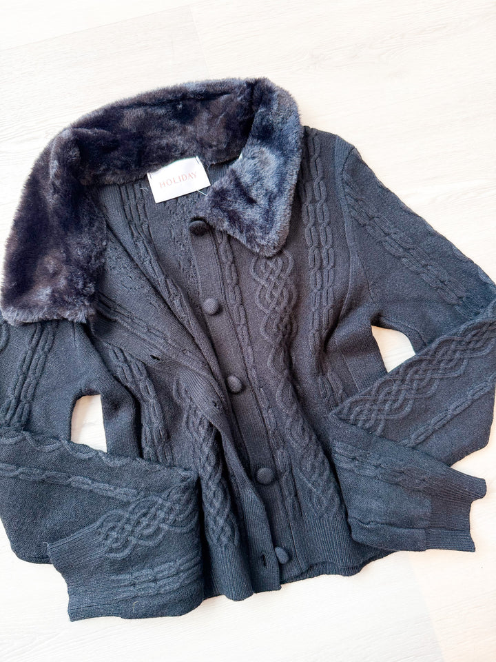 Trinity Fur Trim Sweater Top Black
