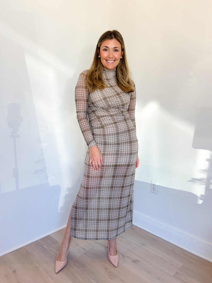 Hazel Plaid Mesh Midi Dress