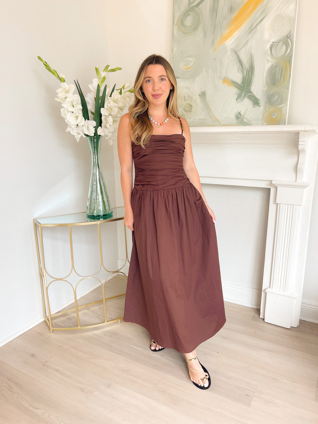 Tabby Ruched Maxi Dress w/ Beaded Adjustable Straps