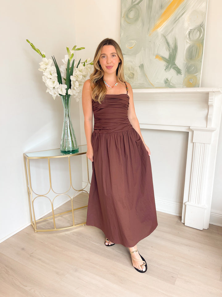 Tabby Ruched Maxi Dress w/ Beaded Adjustable Straps