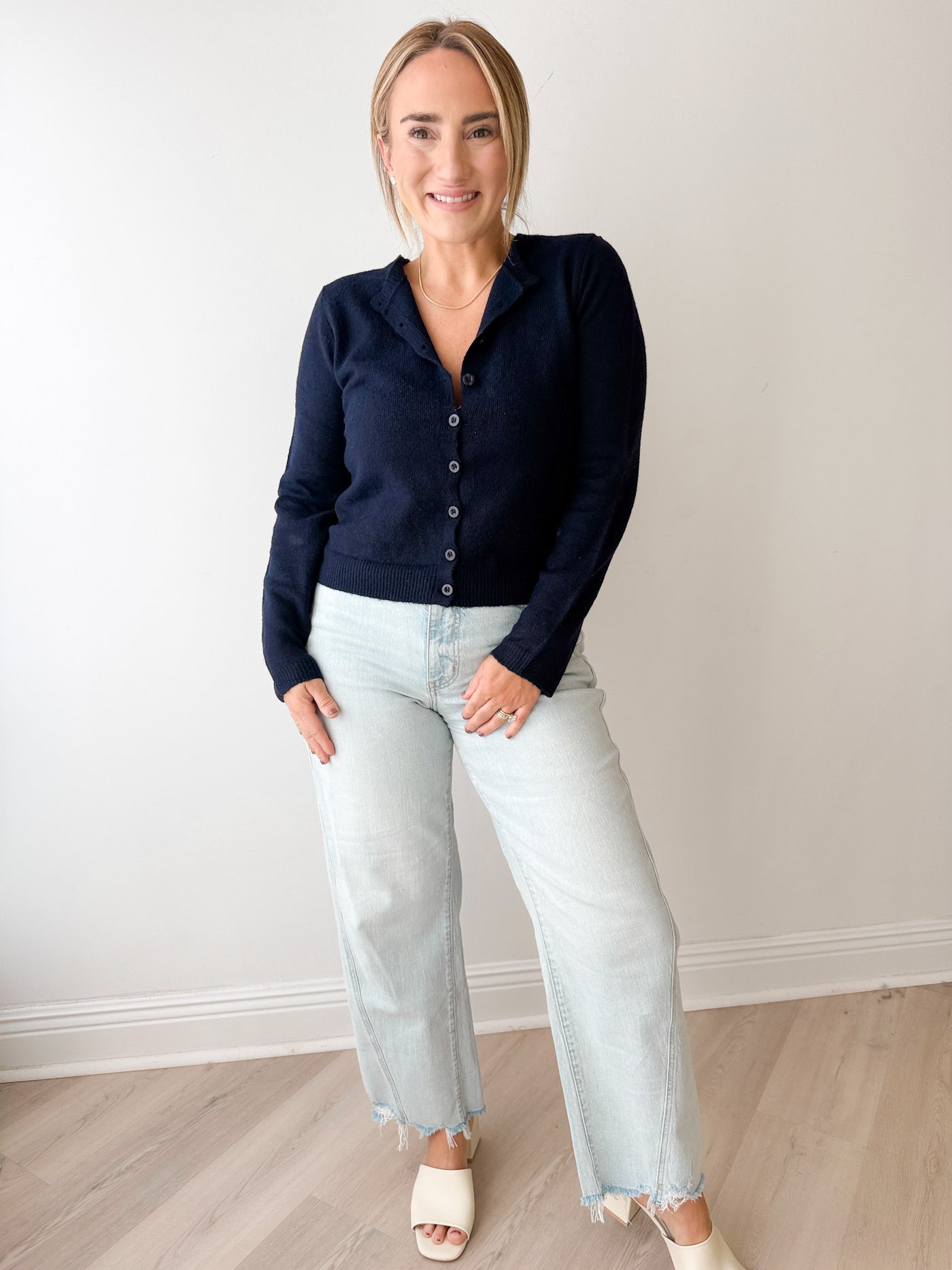 Michelle Round Neck Button Down Cardigan NAVY