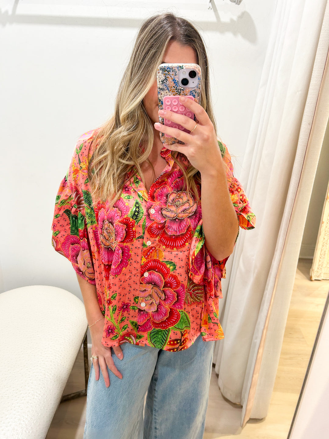 Floral &amp; Sequin Shirt coral pink O S