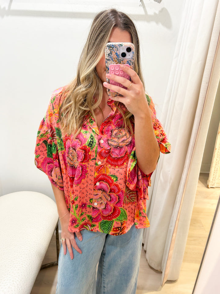Floral &amp; Sequin Shirt coral pink O S