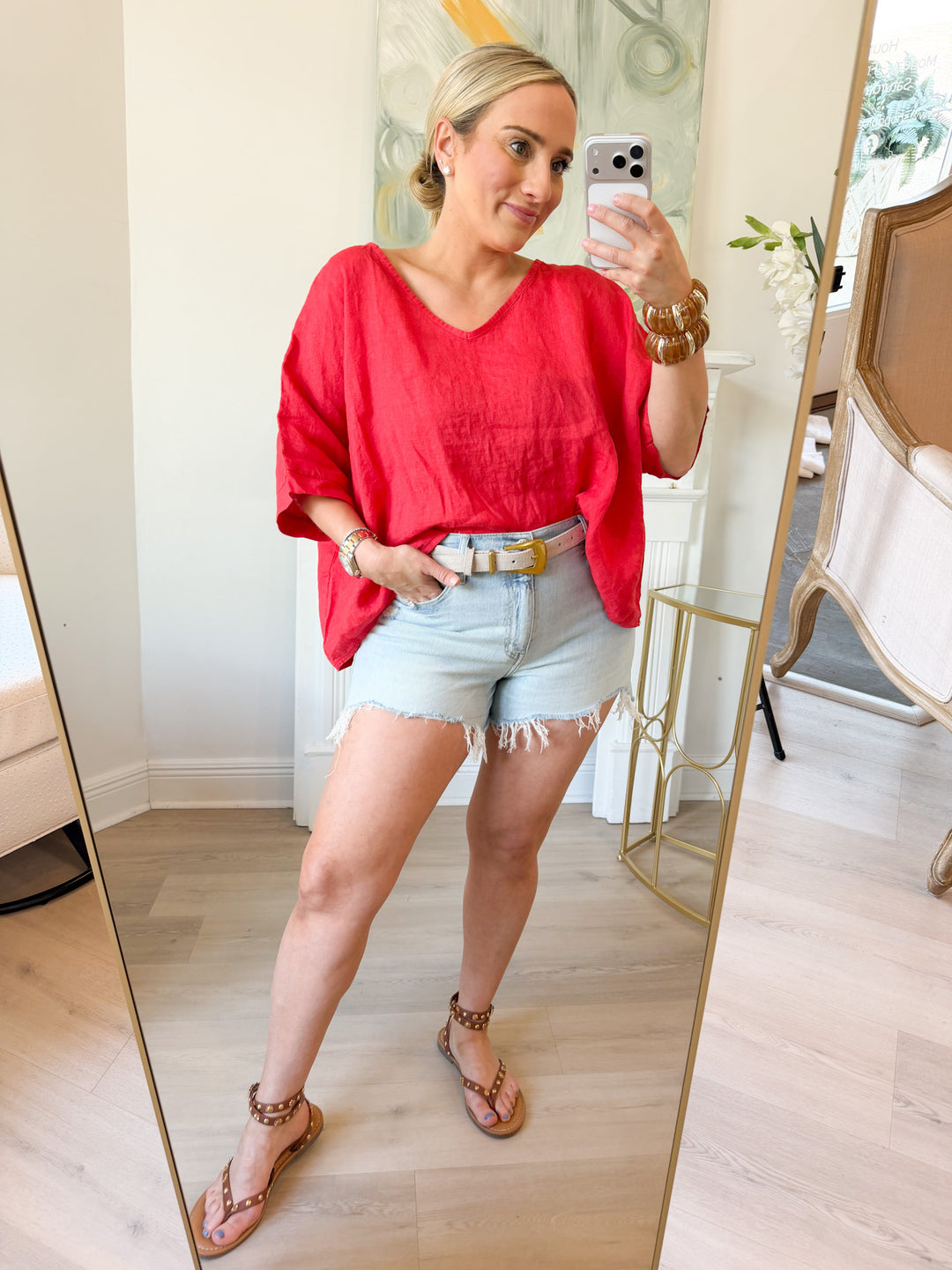 VNeck Linen Dolman Sleeve Crop Top RED FLAME
