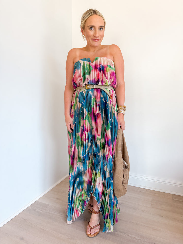 Kathy Strapless Pleated Midi Dress