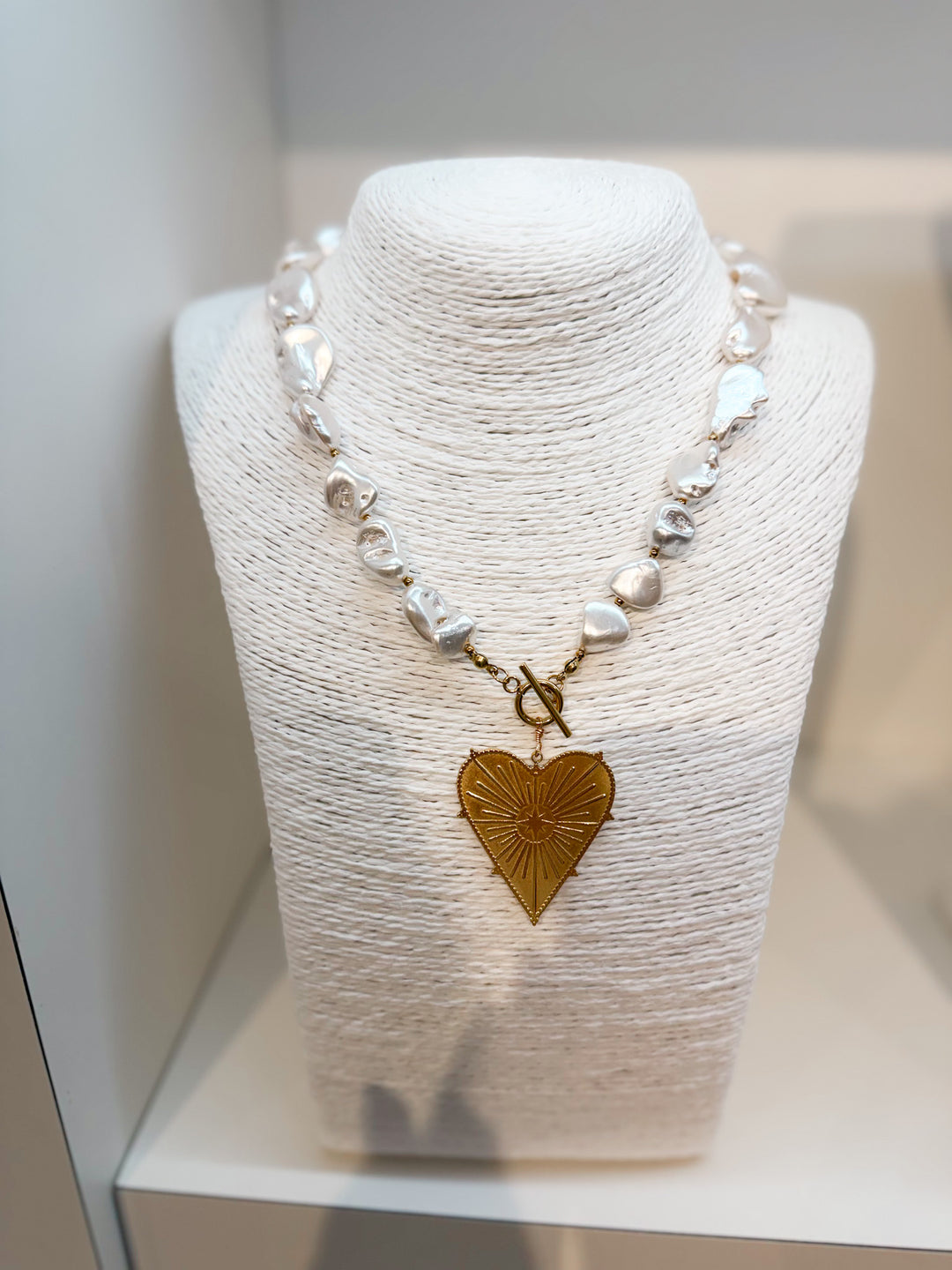 Erma Pearl Heart Pendant Statement Necklace