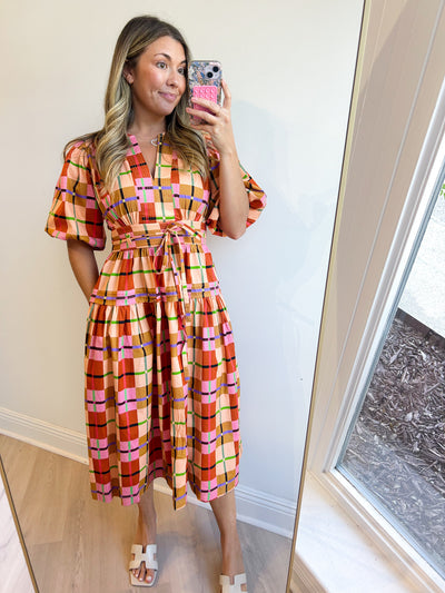 Printed Plaid Midi Dress