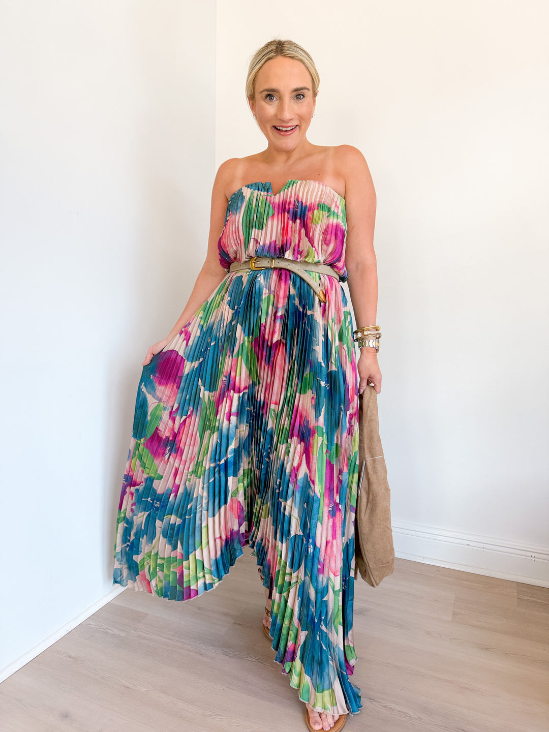 Kathy Strapless Pleated Midi Dress