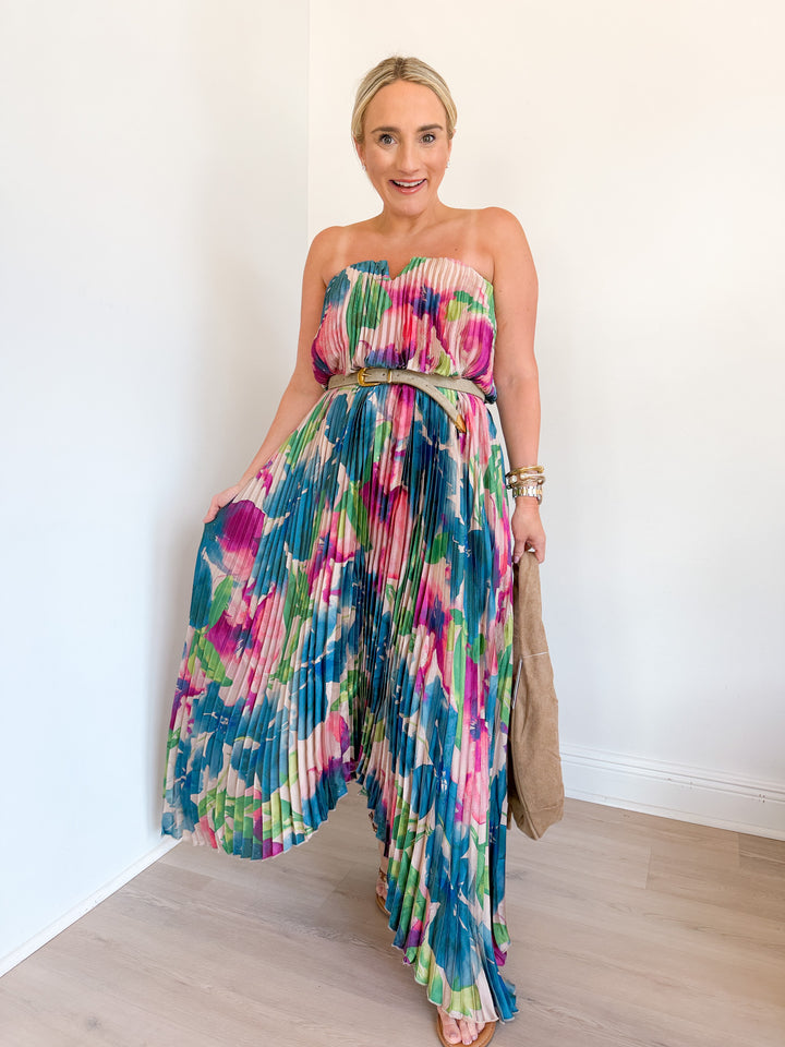 Kathy Strapless Pleated Midi Dress