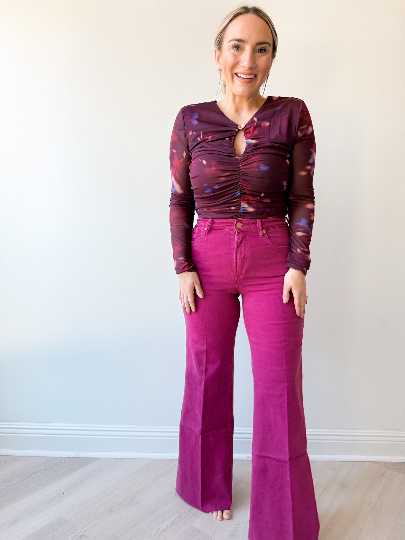 Yasmine Floral Mesh Ruched Top