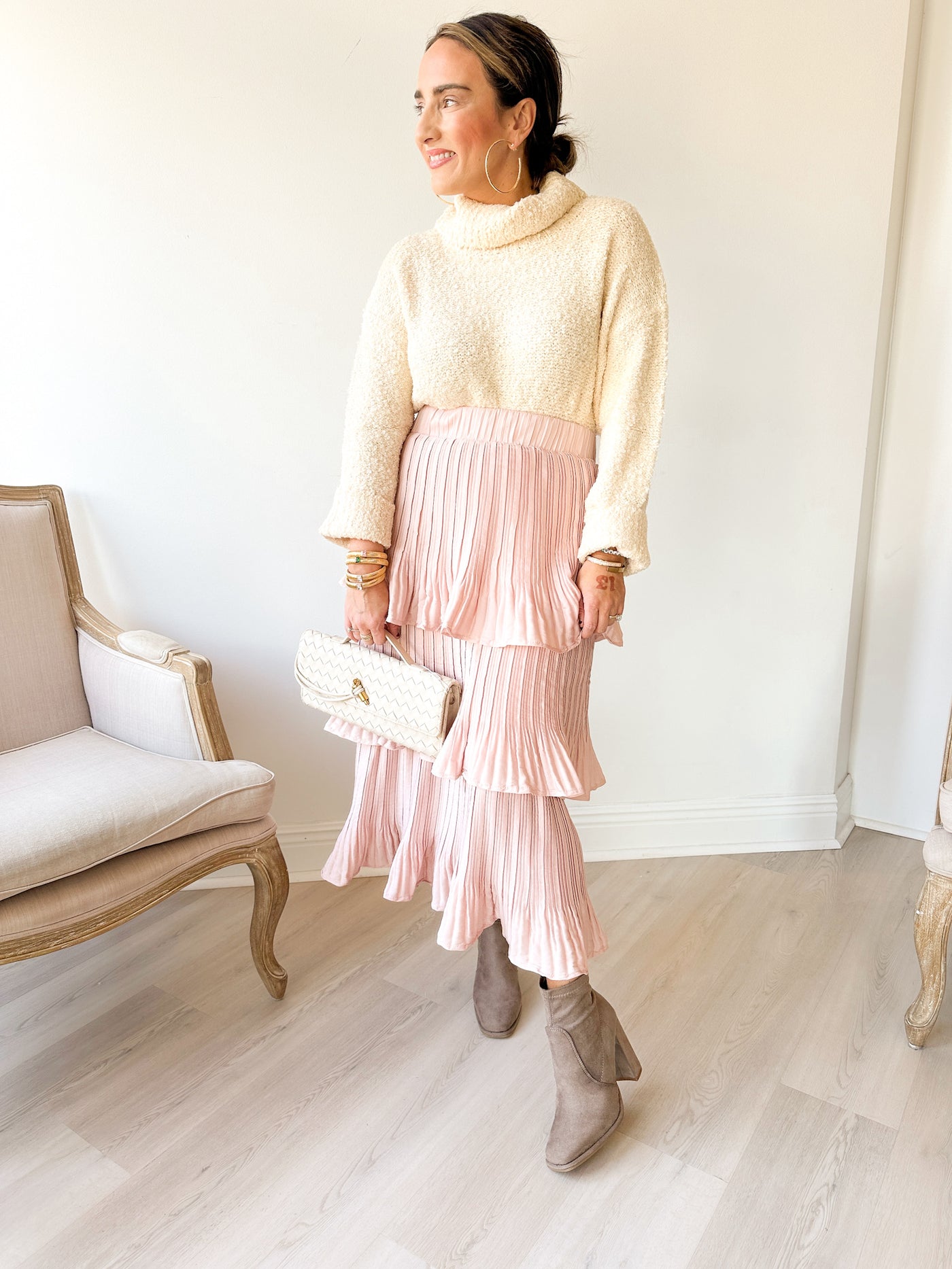 pink tiered midi skirt