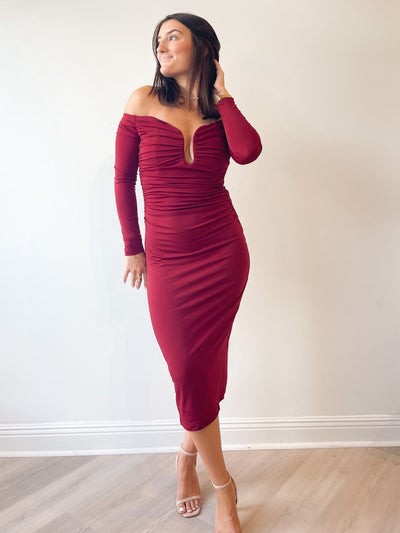 Lovinia Ruched Off Shoulder Dress