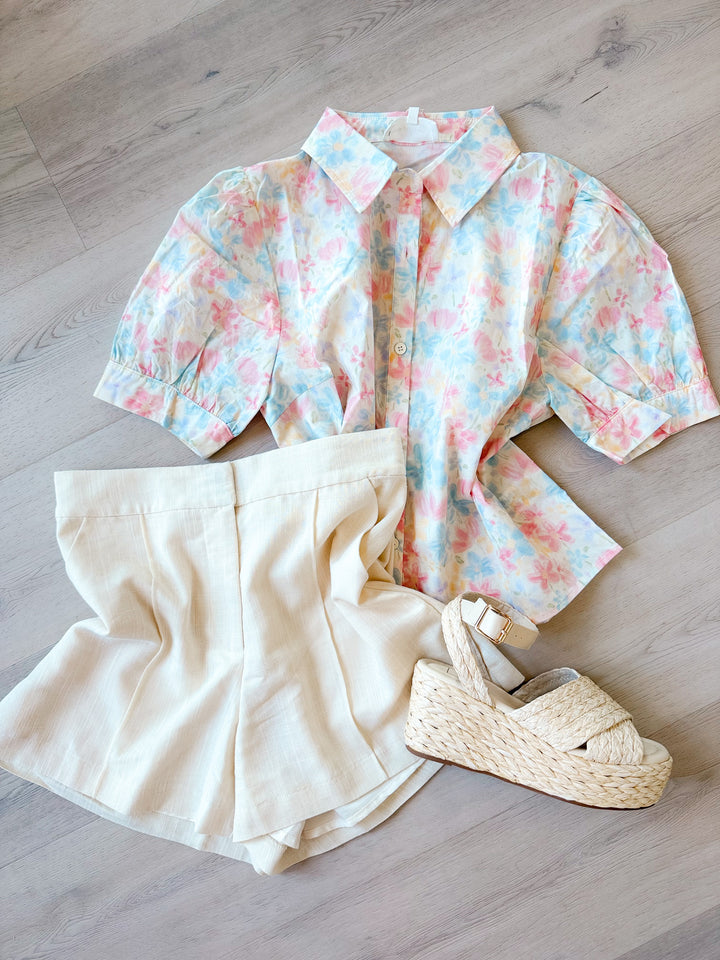 Sienna Water Color Floral Button-Down Shirt Pink Multi