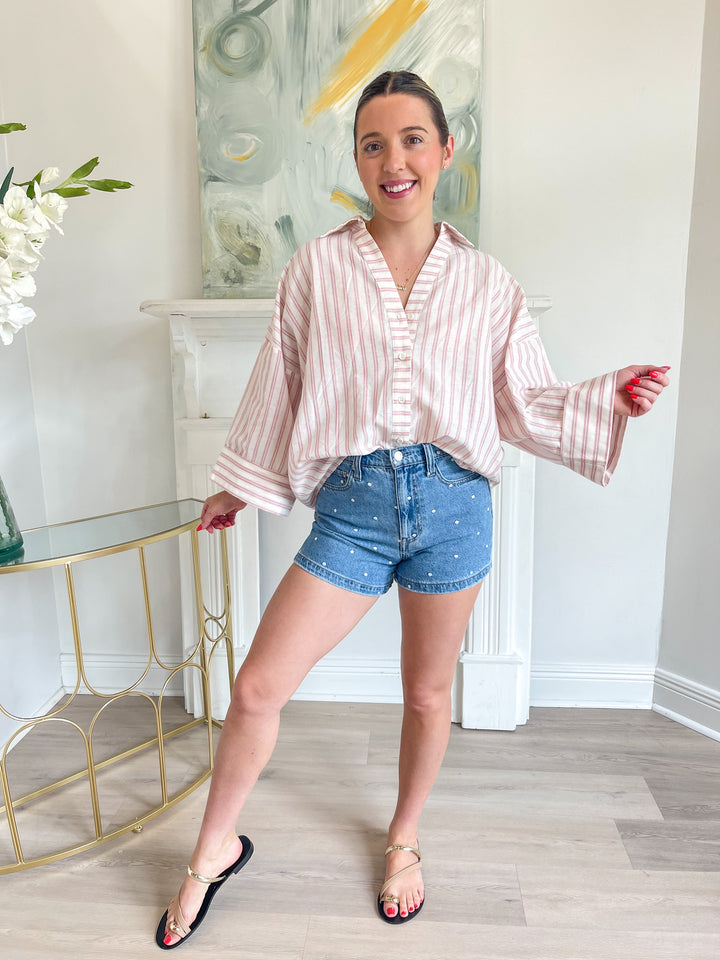 Mary Stripe Button-Down Top Indian Red