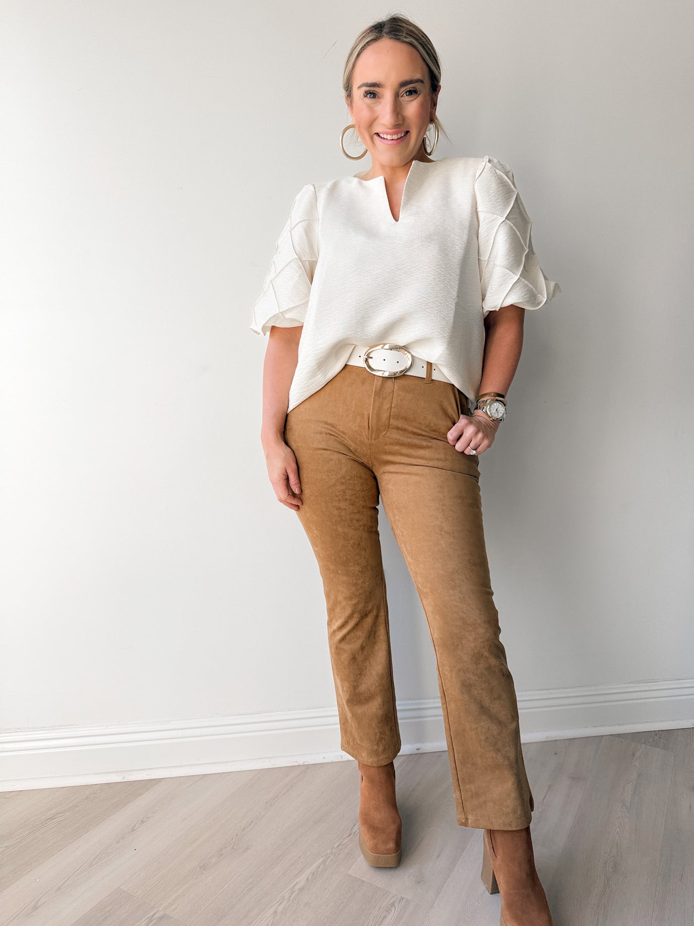 Celeste Quilted Detail Short Slv. Top Cream