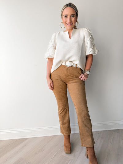 Celeste Quilted Detail Short Slv. Top Cream