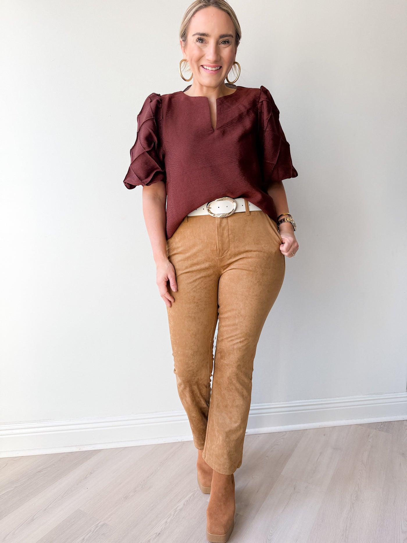 Celeste Quilted Detail Short Slv. Top Burgundy