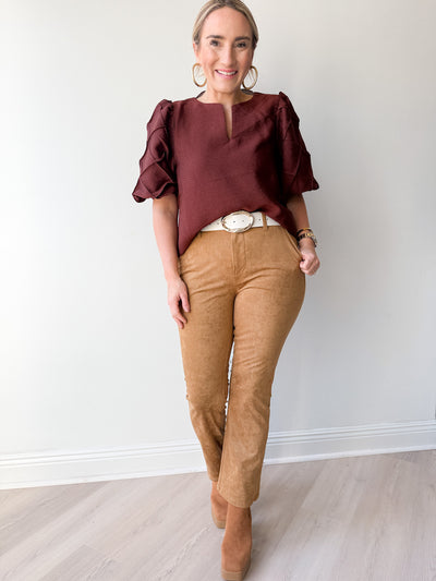 Celeste Quilted Detail Short Slv. Top Burgundy