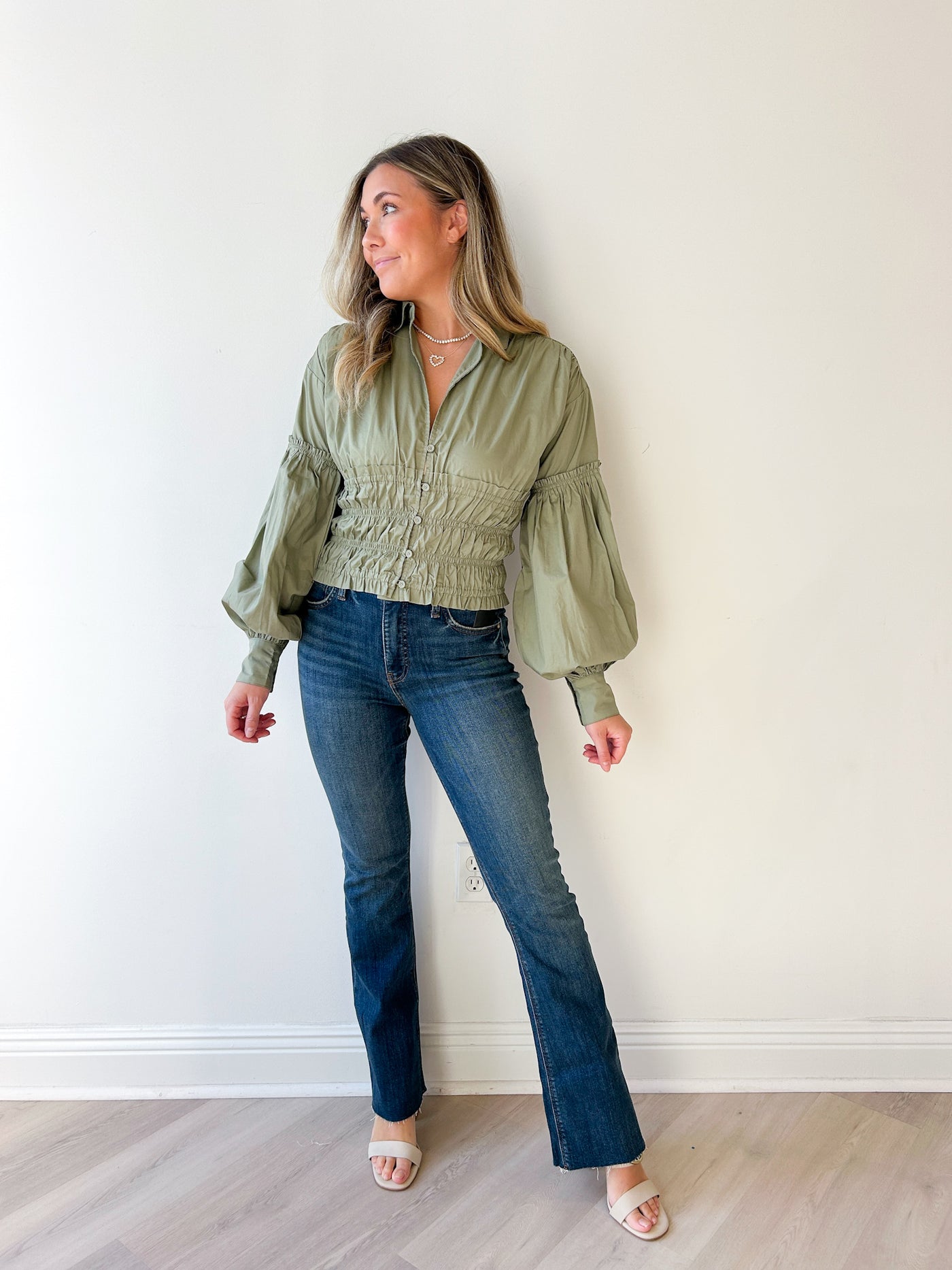Corinne Smocked Button-Up L/Slv