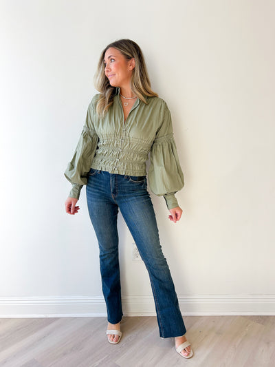 Corinne Smocked Button-Up L/Slv