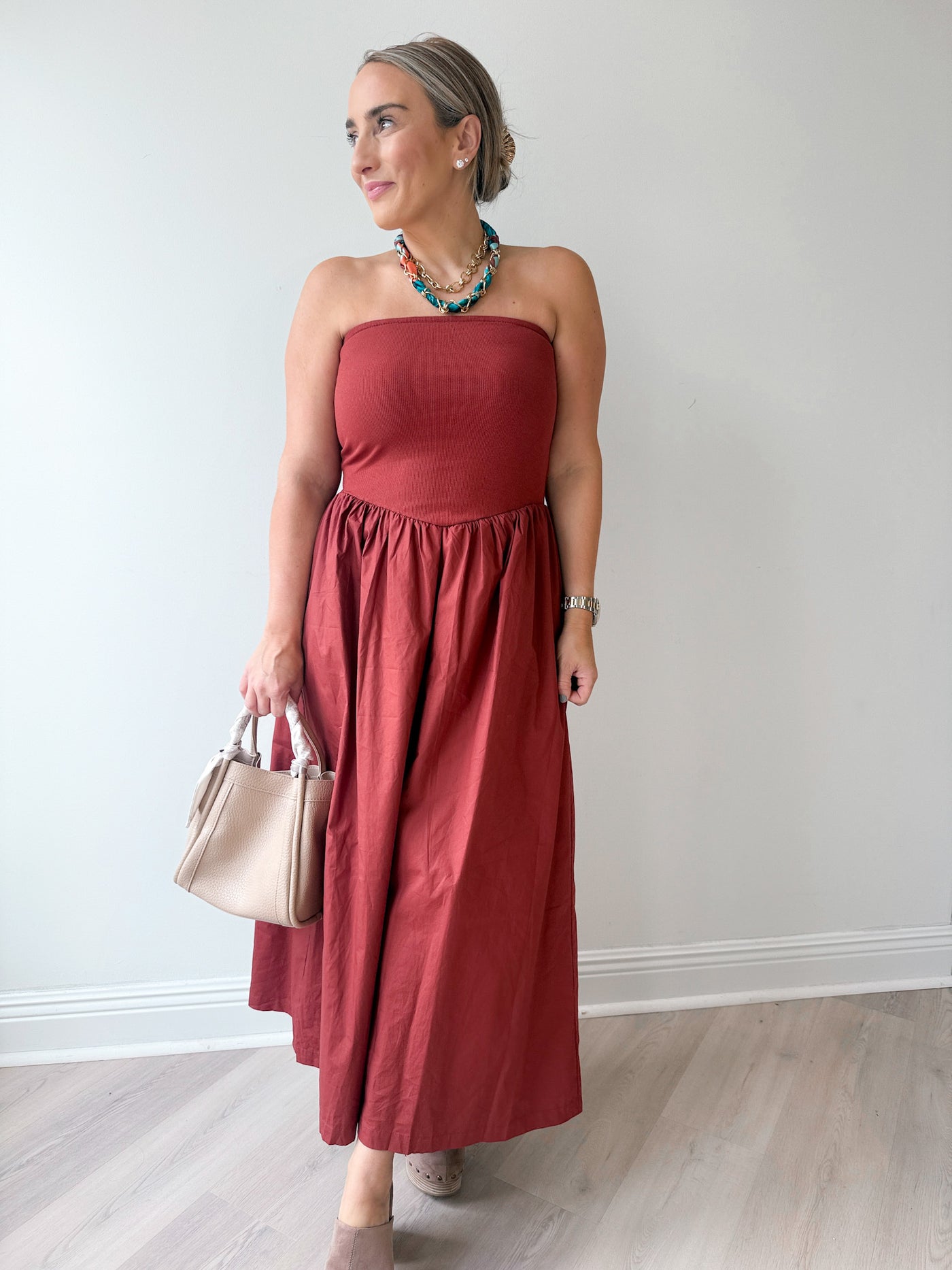 Alexa Ribbed Tube Maxi Dress w/Poplin Skirt