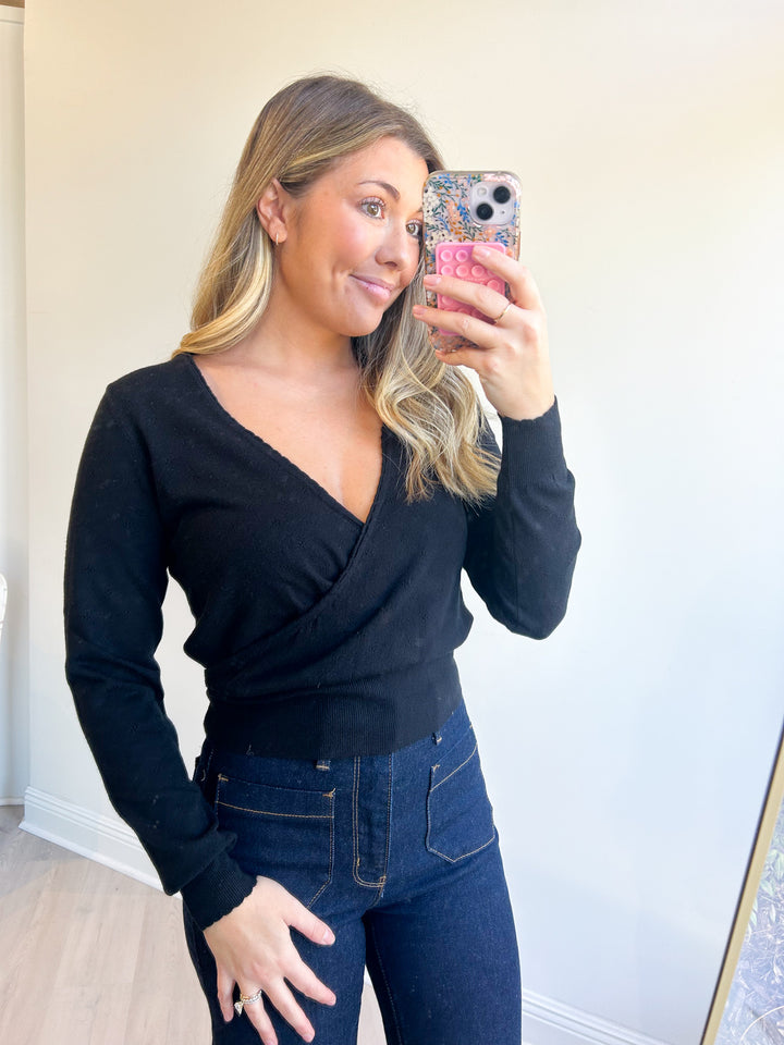 Gemma Pointelle Criss Cross Sweater Black