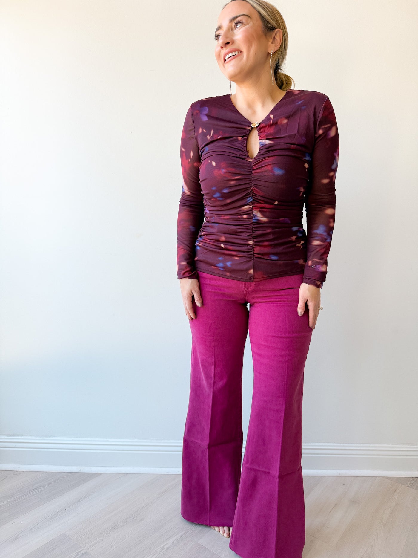 Yasmine Floral Mesh Ruched Top