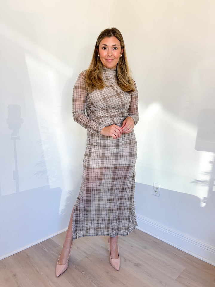 Hazel Plaid Mesh Midi Dress