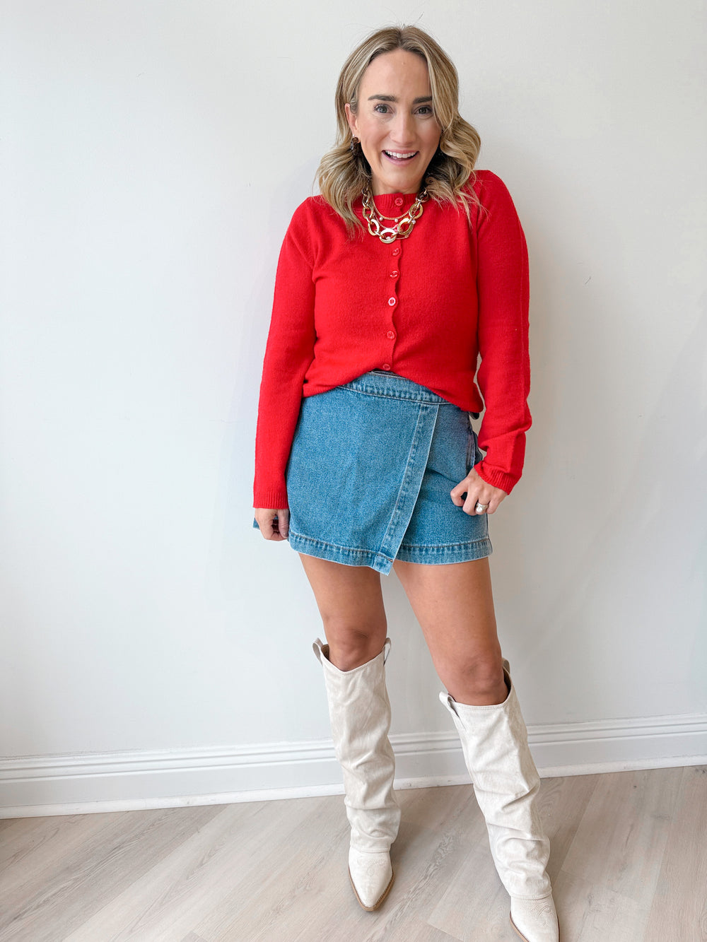 Michelle Round Neck Button Down Cardigan BRIGHT RED