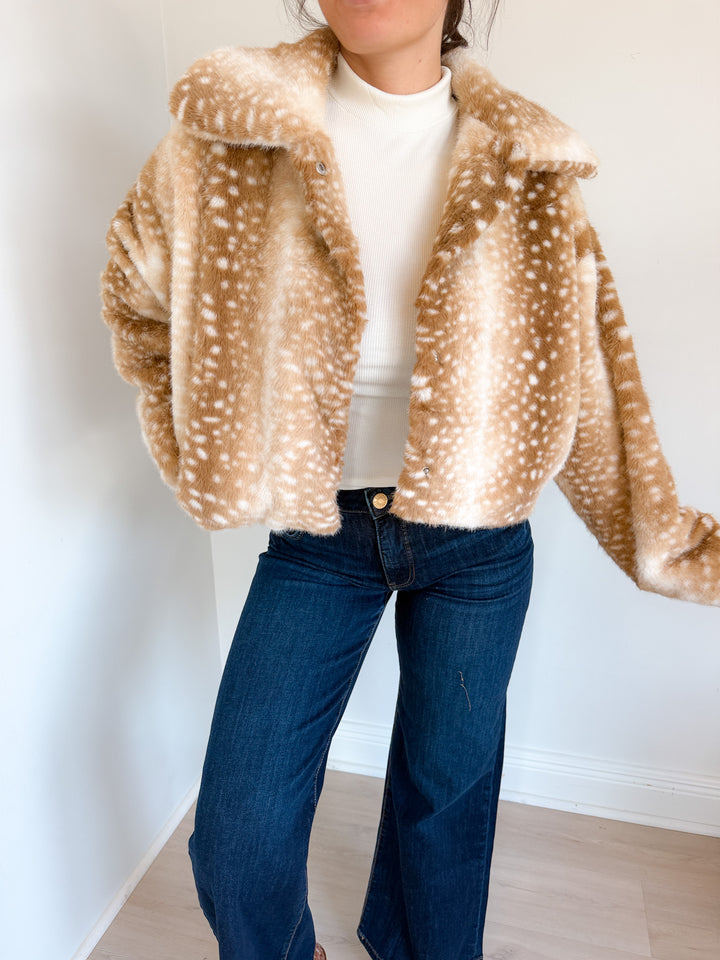 Doe Deer Print Faux Fur Cropped Jacket