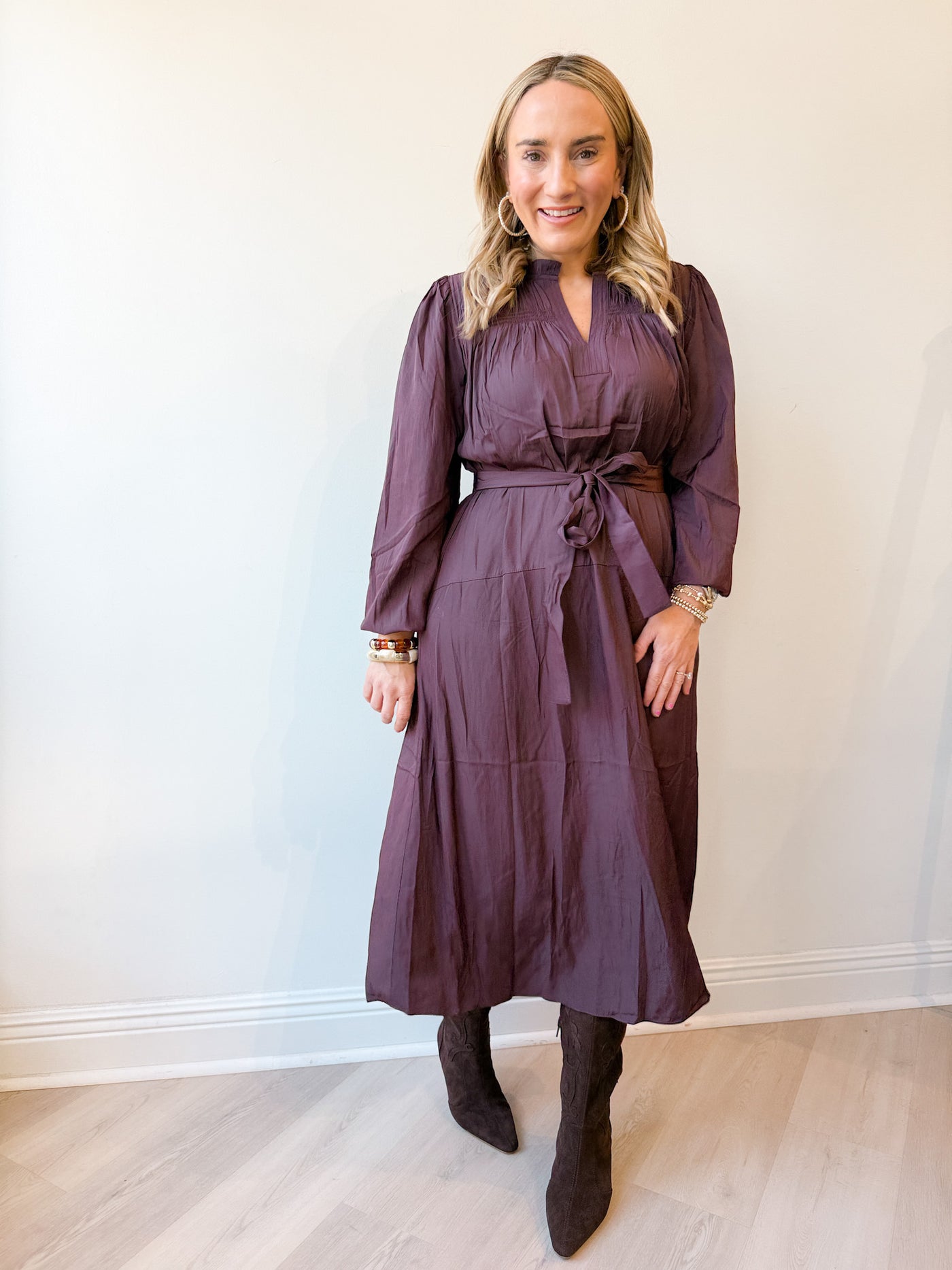 Ruth Belted Long Sleeve Midi Dress
