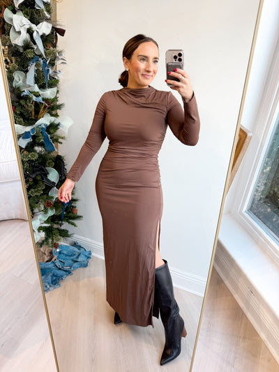 Mags Long Slv. Fitted Maxi Dress chocolate