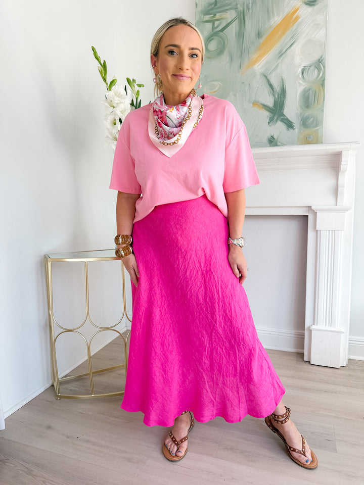 Kary Crinkle Linen Midi Skirt Fuchsia