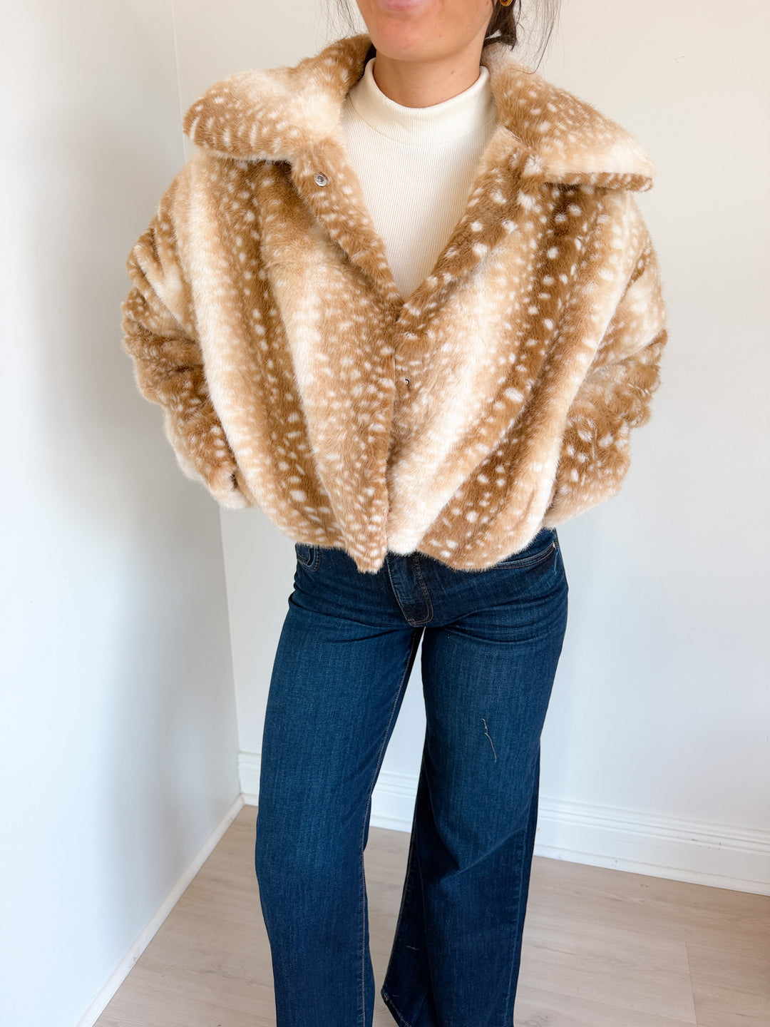 Doe Deer Print Faux Fur Cropped Jacket