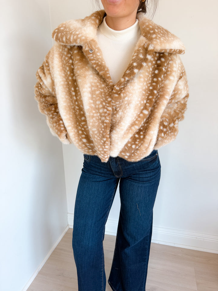 Doe Deer Print Faux Fur Cropped Jacket