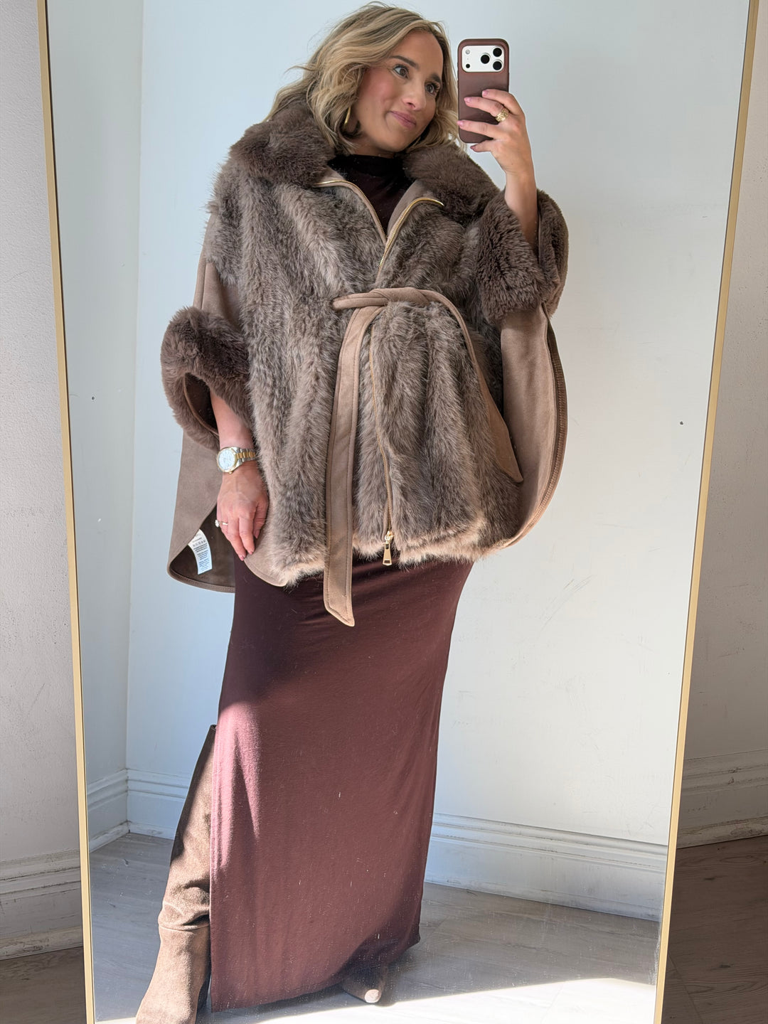 Herringbone Vegan Fur Suede Cape