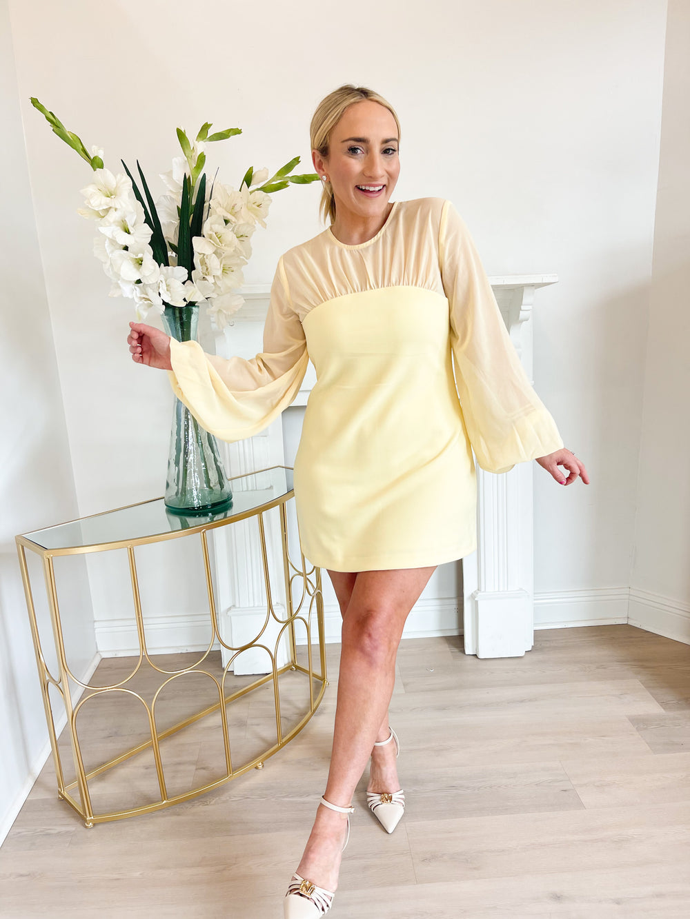 Mixed Media Mini Dress with Puff Sleeve butter