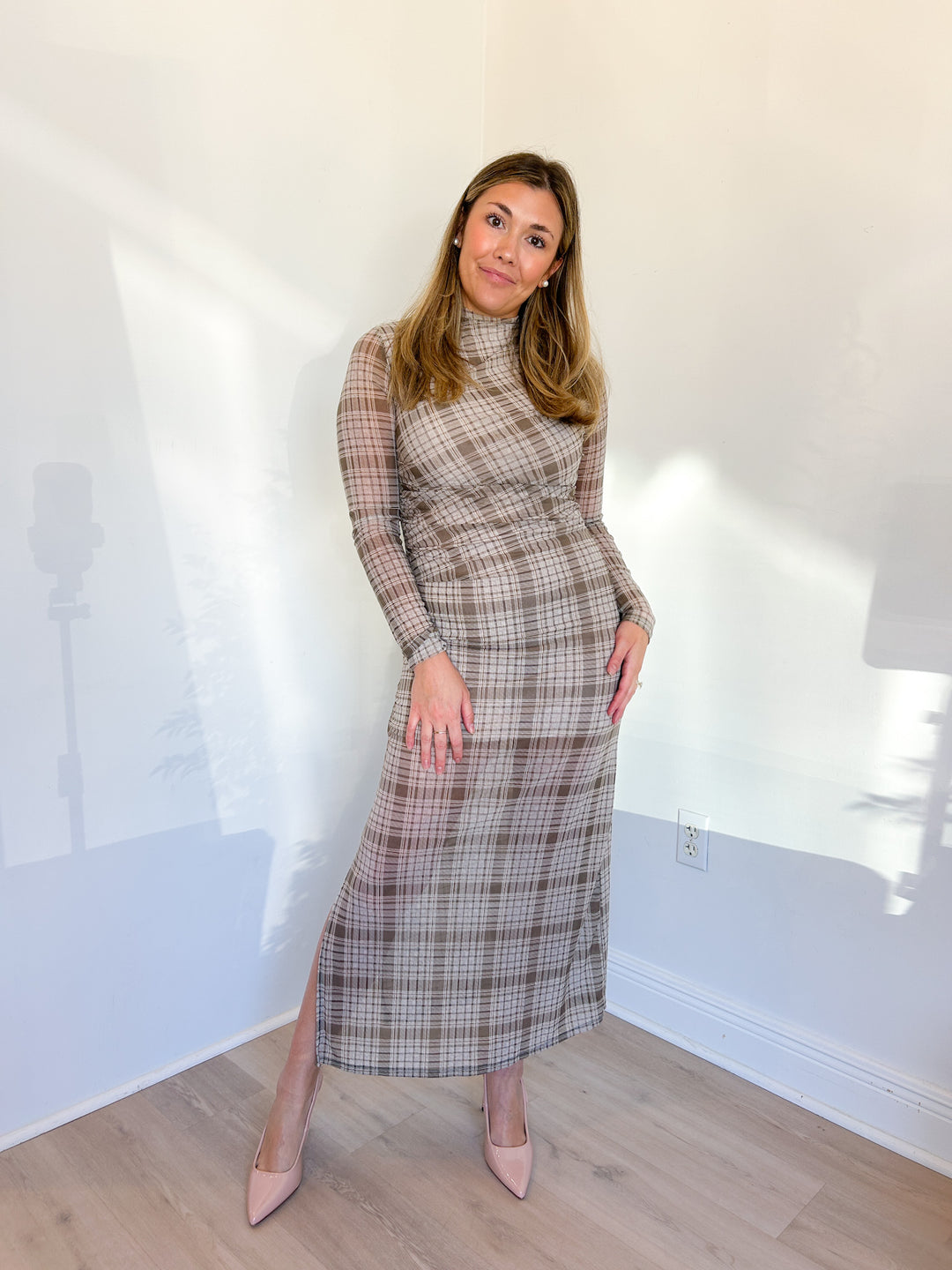 Hazel Plaid Mesh Midi Dress