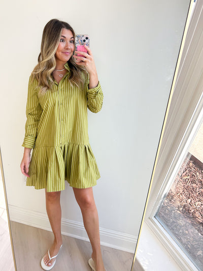 Oliver Strip Pleated Shirt Dress