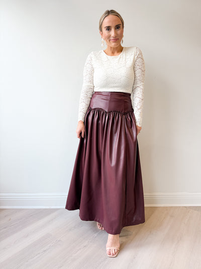 Faux Leather Gathered Midi Skirt