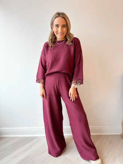 Gabrielle Sweater Set with Fringe Plum os