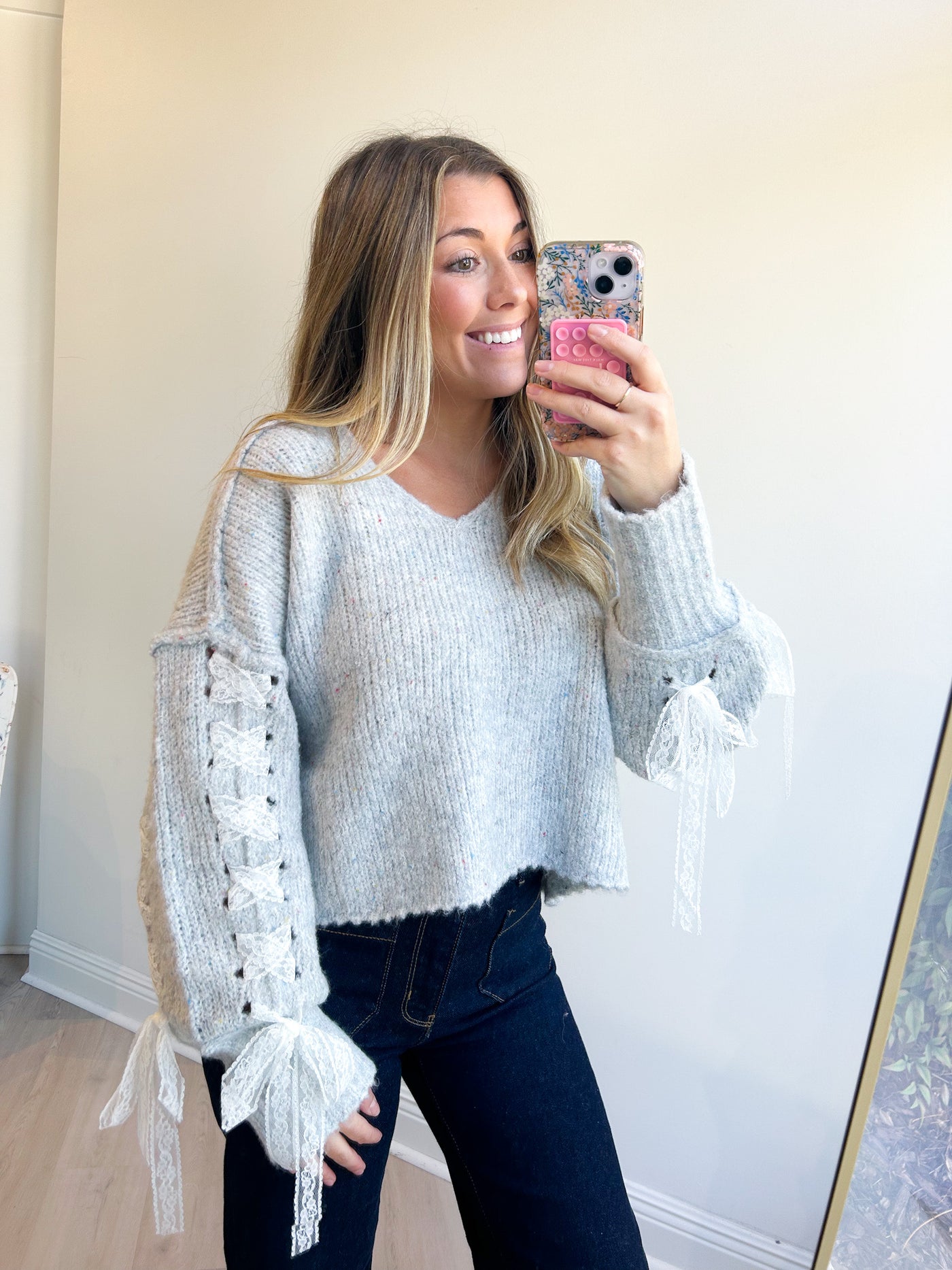 Myra Lace Up Sleeve Crop Sweater