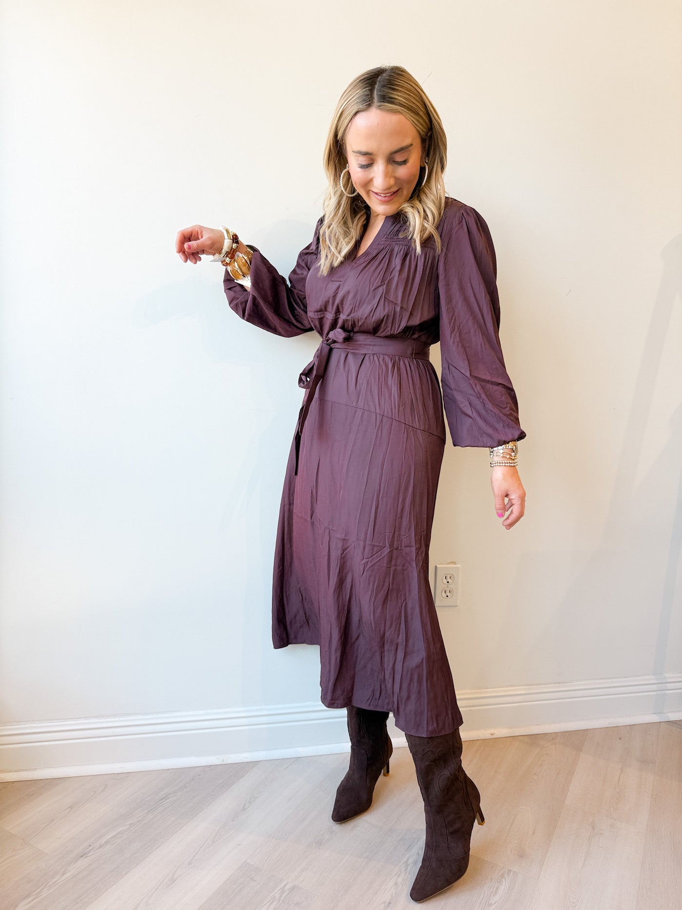 Ruth Belted Long Sleeve Midi Dress
